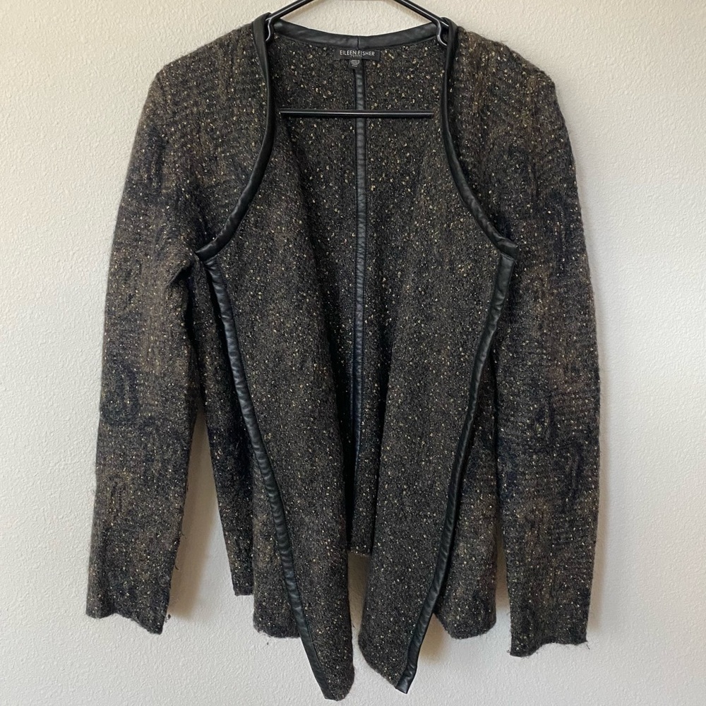 Eileen Fisher | Women's Mohair Wool Blend Open Front Leather Trim Sweater Jacket